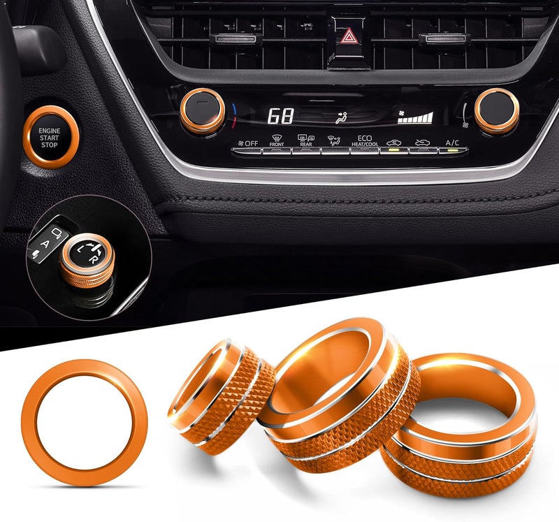 Polodunn for 2020-2025 2026 Toyota Corolla & 2022-2025 2026 Corolla Cross Accessories, 4pcs Aluminum Alloy Knob Cover Trim Set - Rearview Mirror Switch, AC & Push Start (Orange) - Image 1